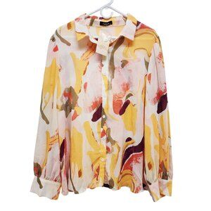 Abstract Yellow Print Womens Button-Up Blouse XXL Long Sleeve Lightweight Top